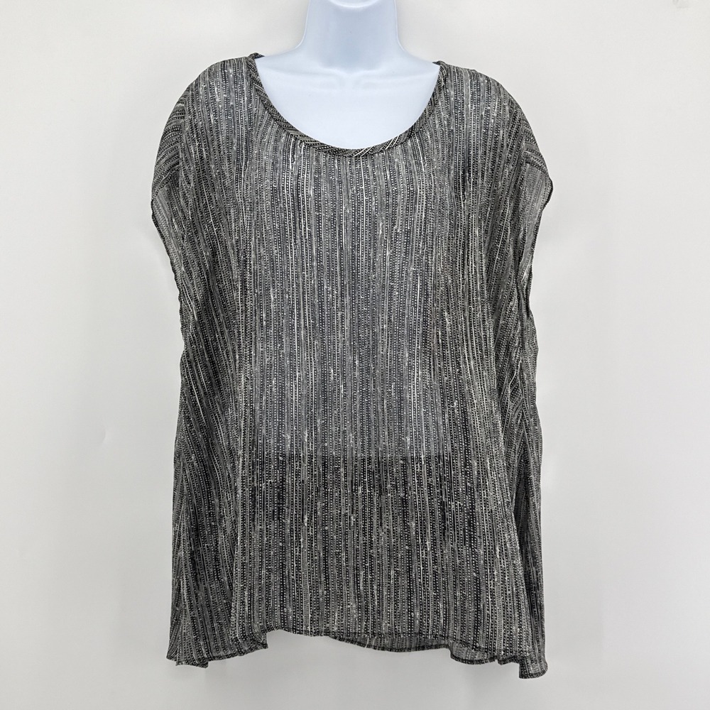 Eileen Fisher XL 100% Silk Sheer Printed Boxy Top Blouse Black White Dots Stripe